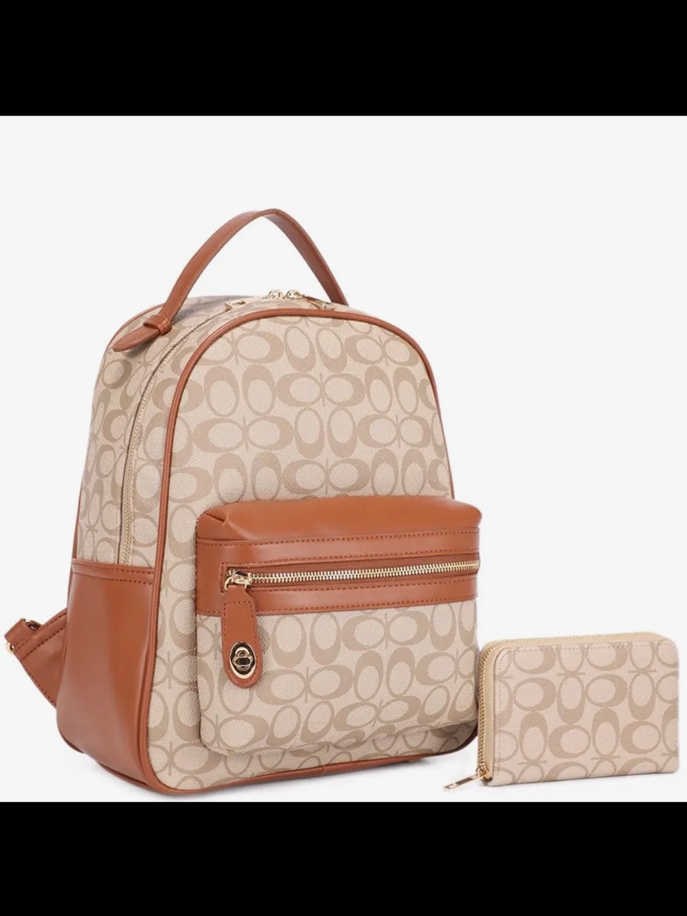 Fashion Beige and Tan Signature Backpack with Zip Wallet